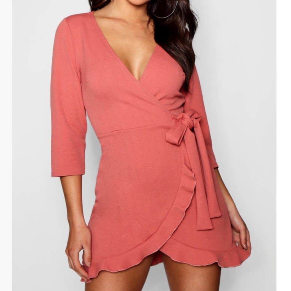 BOOHOO ROSE FORMAL TIE WRAP FRILL DETAIL SKATER DRESS